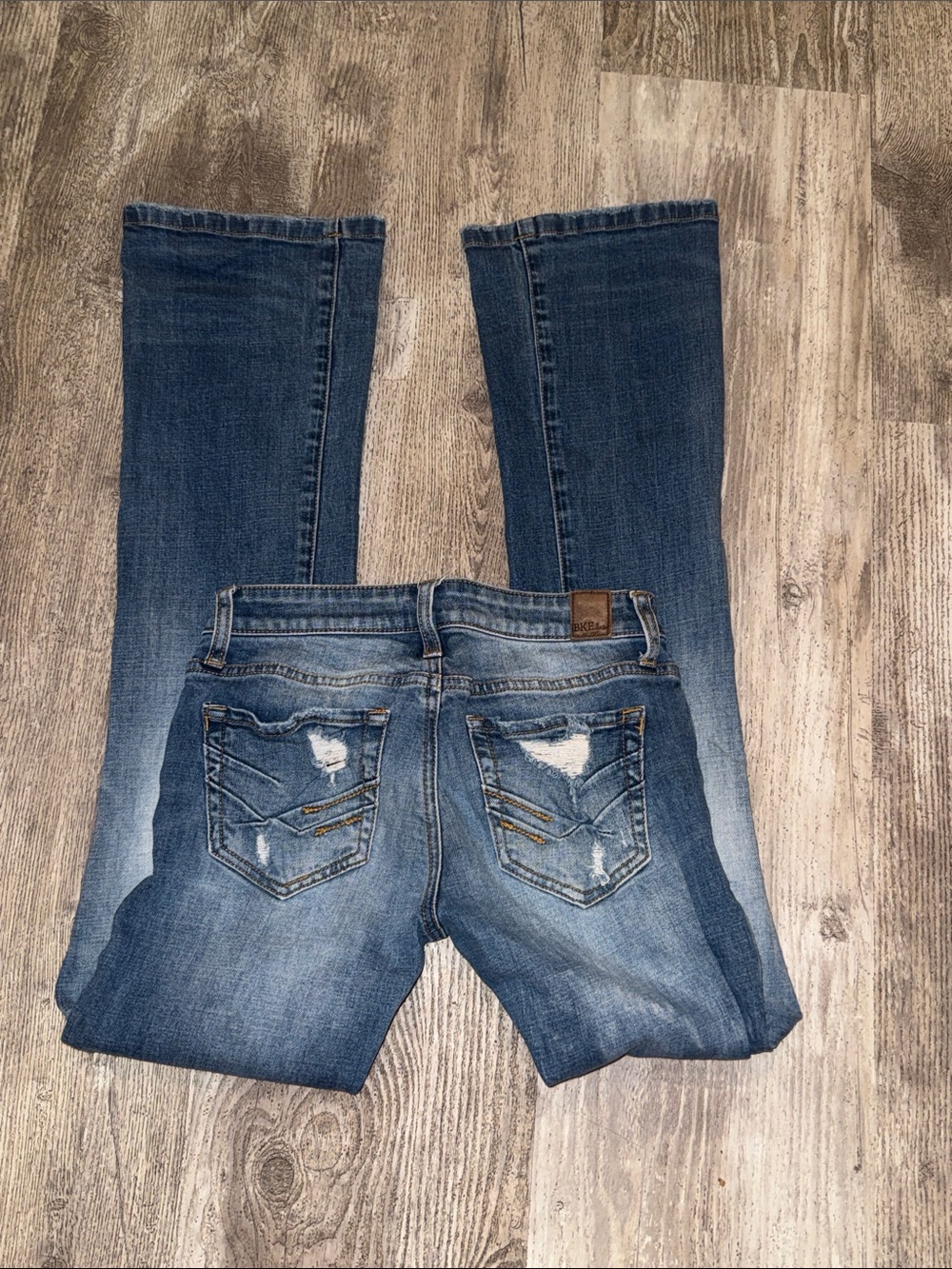 BKE Women's Distressed Dark Blue Boot-Cut Jeans